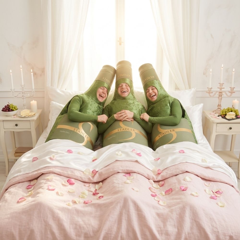 Drei Personen im Weinflaschenkostüm liegen in einem Bett