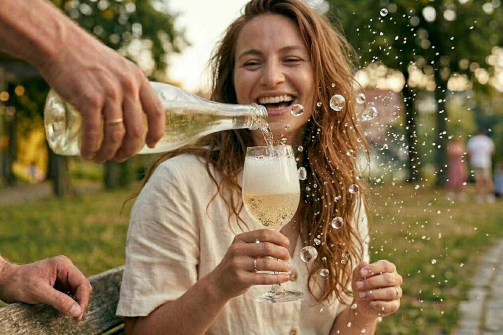 Eine Frau trinkt prickelnden Secco auf einer Parkbank. Ein Mann schüttet ihr nach, das Glas schäumt über.