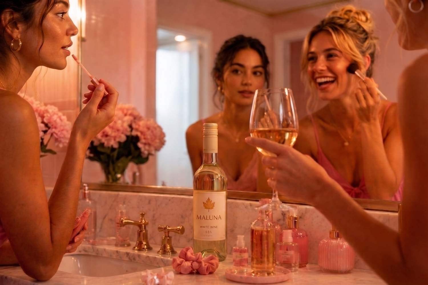 Zwei girlies schminken sich im Bad und trinken dabei wein! Sie fühlen sich süß, wie ihren Wein!