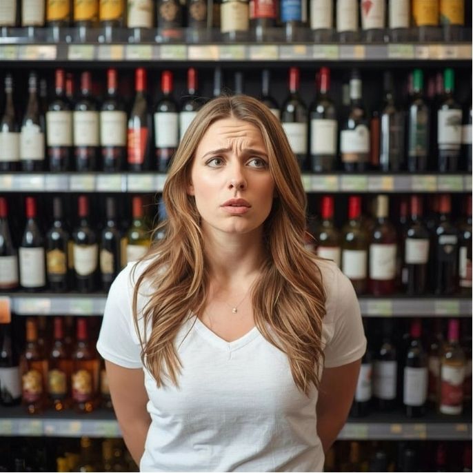 Eine Frau steht verwirrt vor einem Weinregal im Supermarkt
